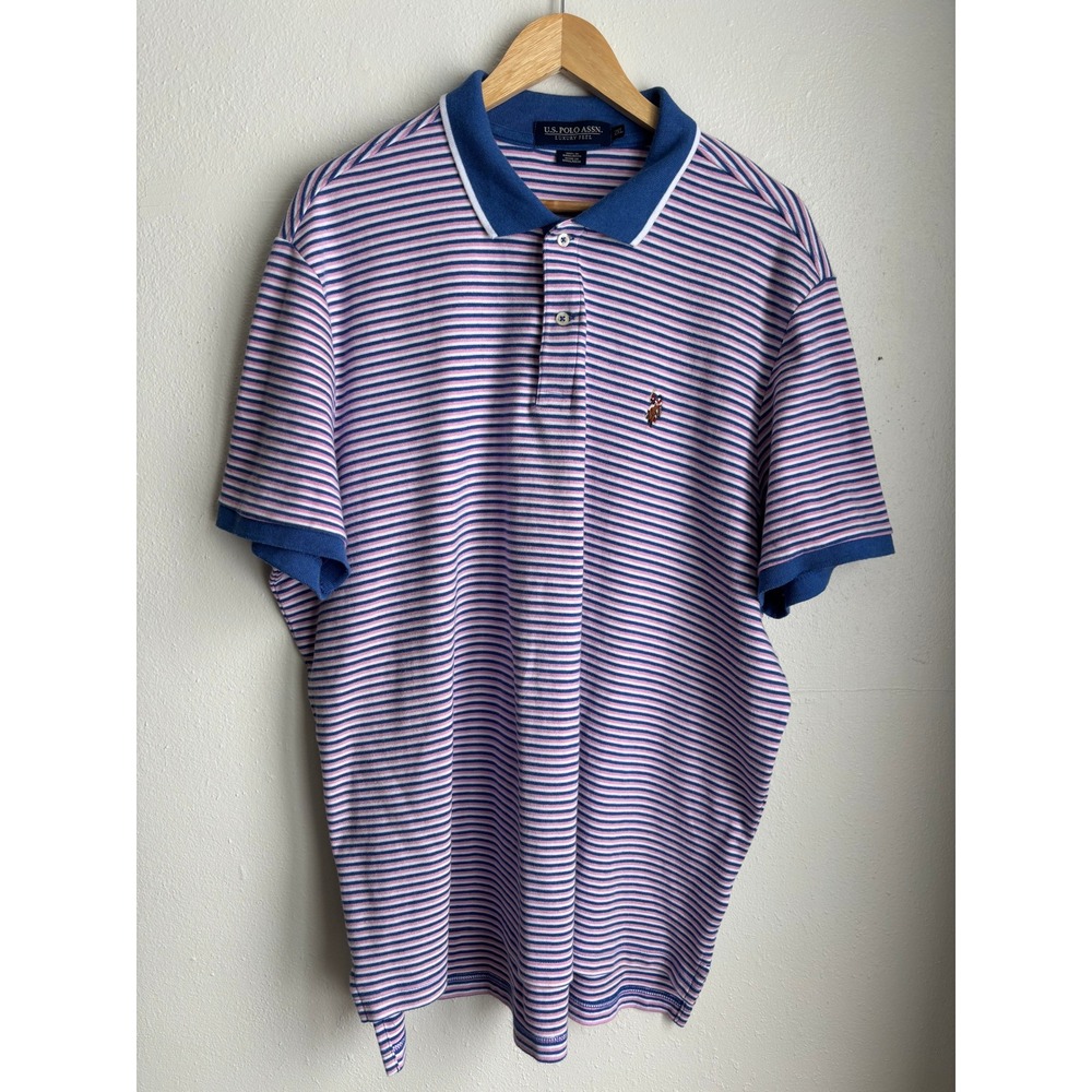 US Polo Assn Luxury Feel Men 2XL Polo Shirt Pink Blue White Striped Short Sleeve